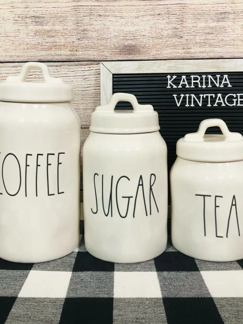 Rae Dunn Cream White Ceramic Coffee Sugar Tea Canister Set kitchen storage decor